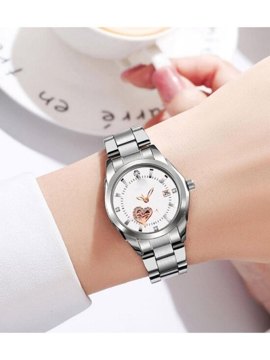 Womens White Face Analog Quartz Silver Stainless Steel Luminous Waterproof Watch
